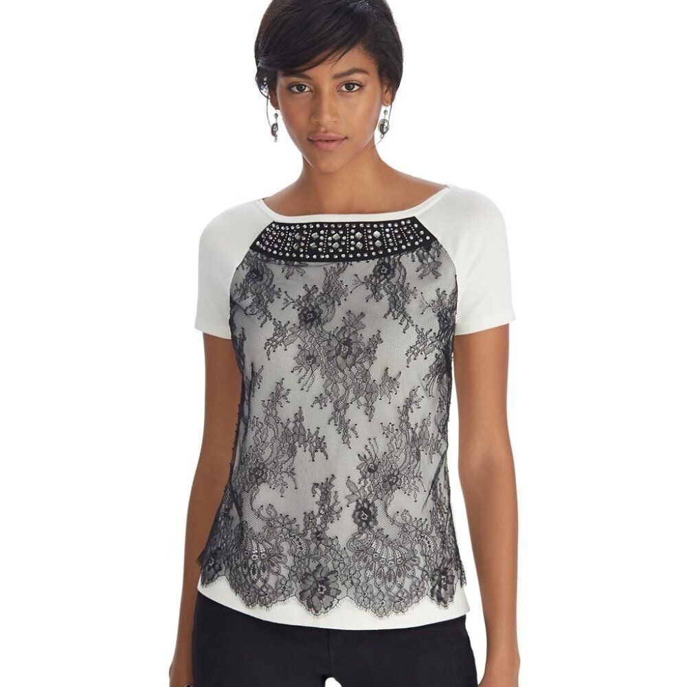 White House Black Market Short Sleeve Black Lace Jeweled Sweater Size XS